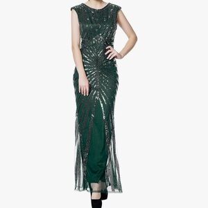 Metme 1920s Mermaid Maxi Long Dress Sequin Formal Beaded Prom Gown Dress XS NWT